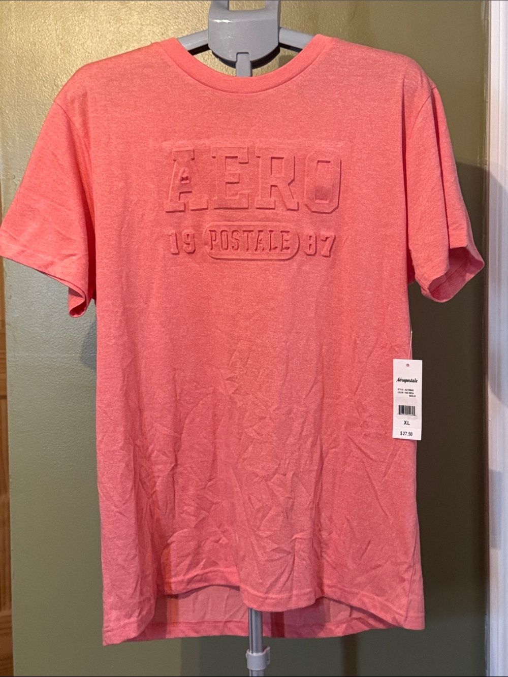 Aeropostale Men's Coral Short Sleeve Tee with Embossed Logo Color melon